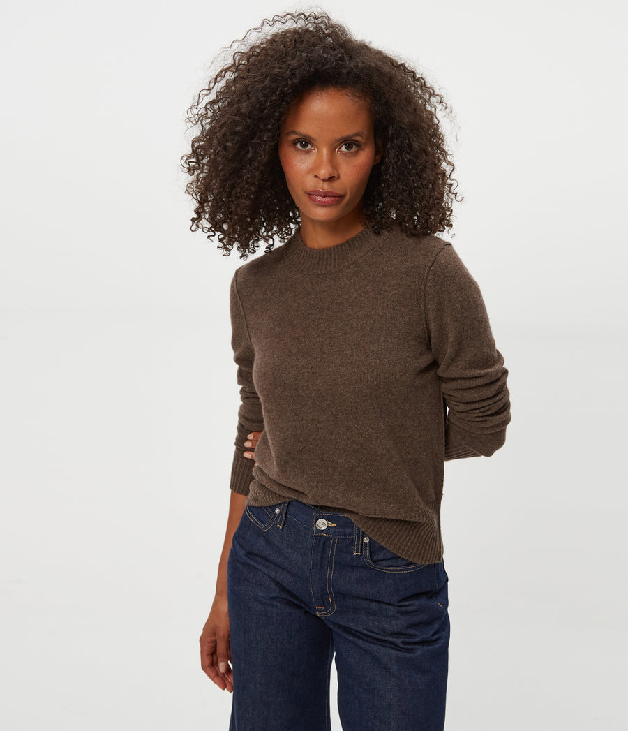 Sophie Crewneck Cashmere Sweater in Heather Espresso Brown Close Up View #HEATHER ESPRESSO
