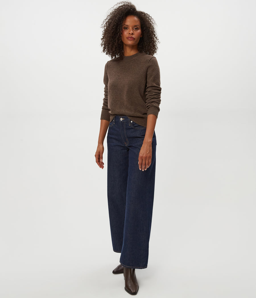 Sophie Crewneck Cashmere Sweater in Heather Espresso Brown Full Body View #HEATHER ESPRESSO