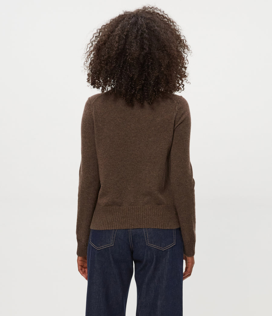Sophie Crewneck Cashmere Sweater in Heather Espresso Brown Back View #HEATHER ESPRESSO