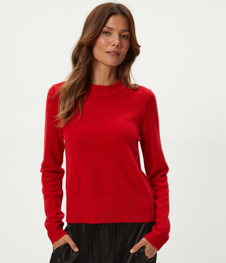 Sophie Crewneck Cashmere Sweater in POPPY RED Close up View #POPPY