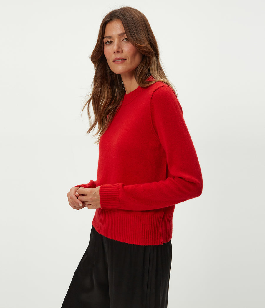 Sophie Crewneck Cashmere Sweater in POPPY RED Side View #POPPY