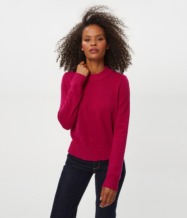 Sophie Crewneck Cashmere Sweater in RUBY RED Combo Close up View #RUBY