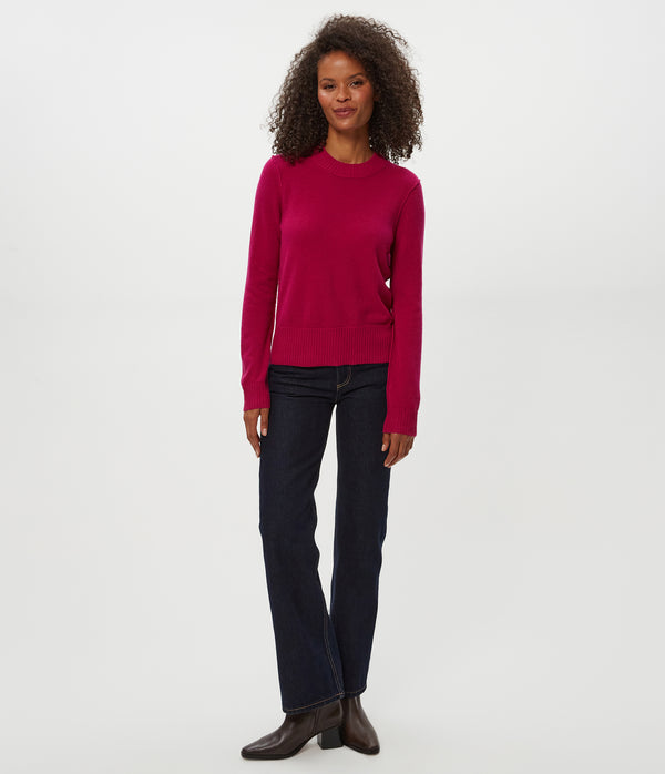 Sophie Crewneck Cashmere Sweater in RUBY RED Combo Full Body View #RUBY