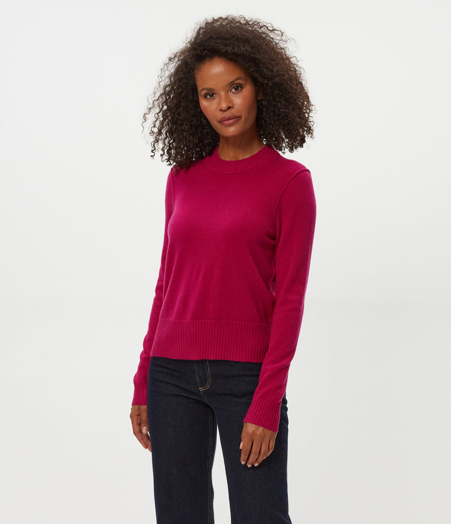 Sophie Crewneck Cashmere Sweater in RUBY RED Combo Side View #RUBY