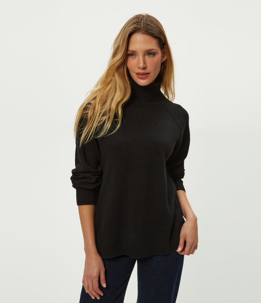 Tegan Cashmere Turtleneck in Black Close up View #BLACK
