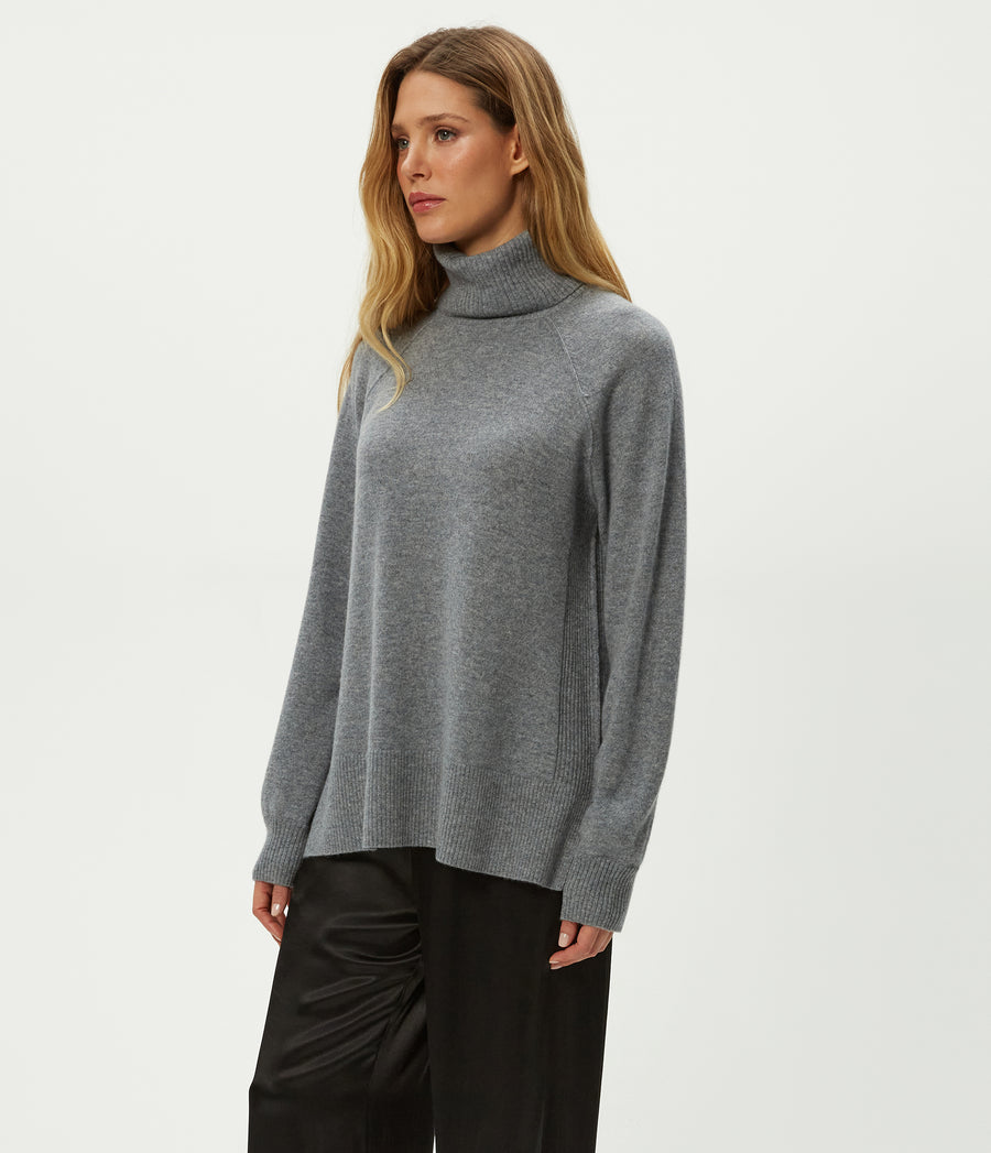 Tegan Cashmere Turtleneck in Heather Grey Grey Side View #HEATHER GREY
