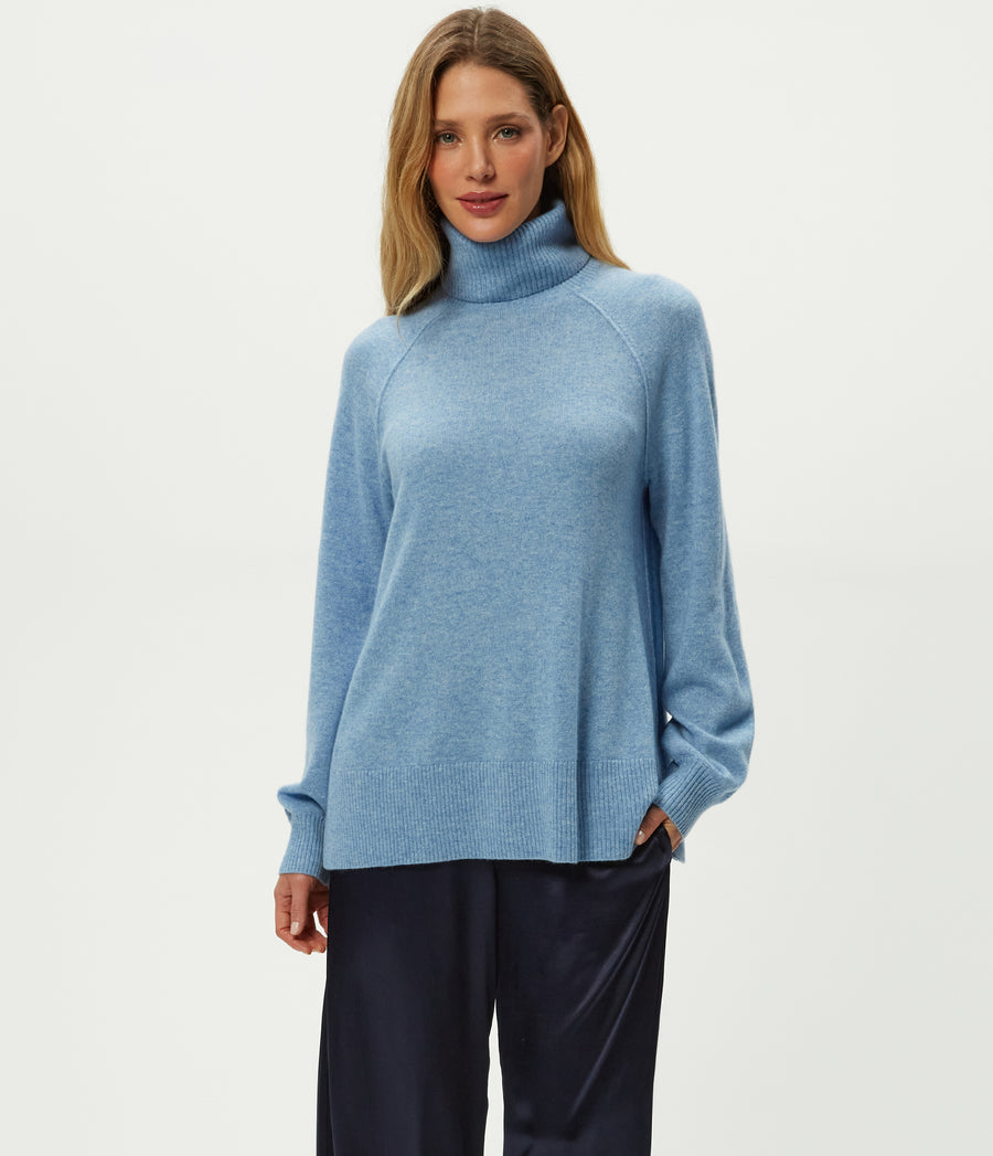 Tegan Cashmere Turtleneck in Heather Breeze Blue Close Up View #HEATHER BREEZE