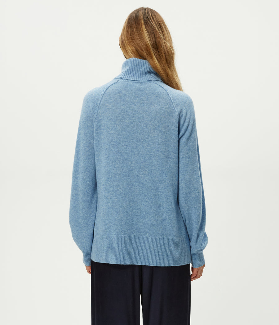 Tegan Cashmere Turtleneck in Heather Breeze Blue Back View #HEATHER BREEZE