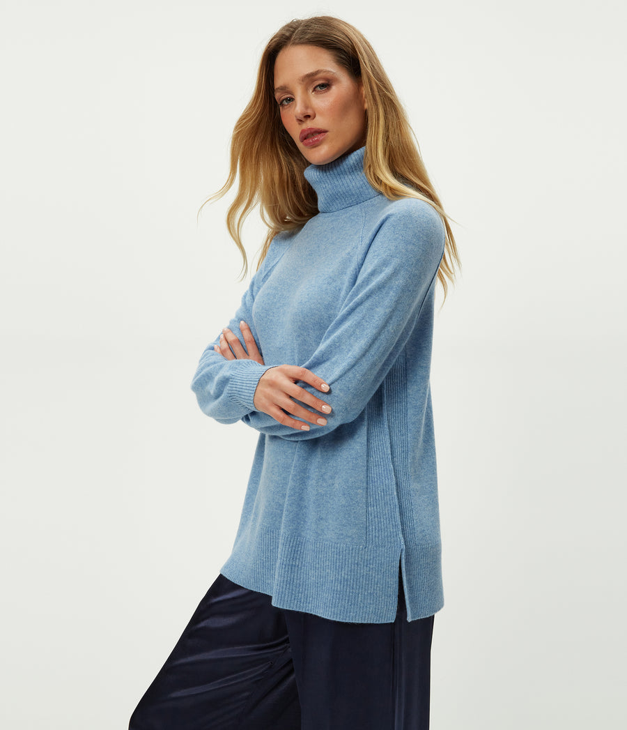 Tegan Cashmere Turtleneck in Heather Breeze Blue Full Body View #HEATHER BREEZE