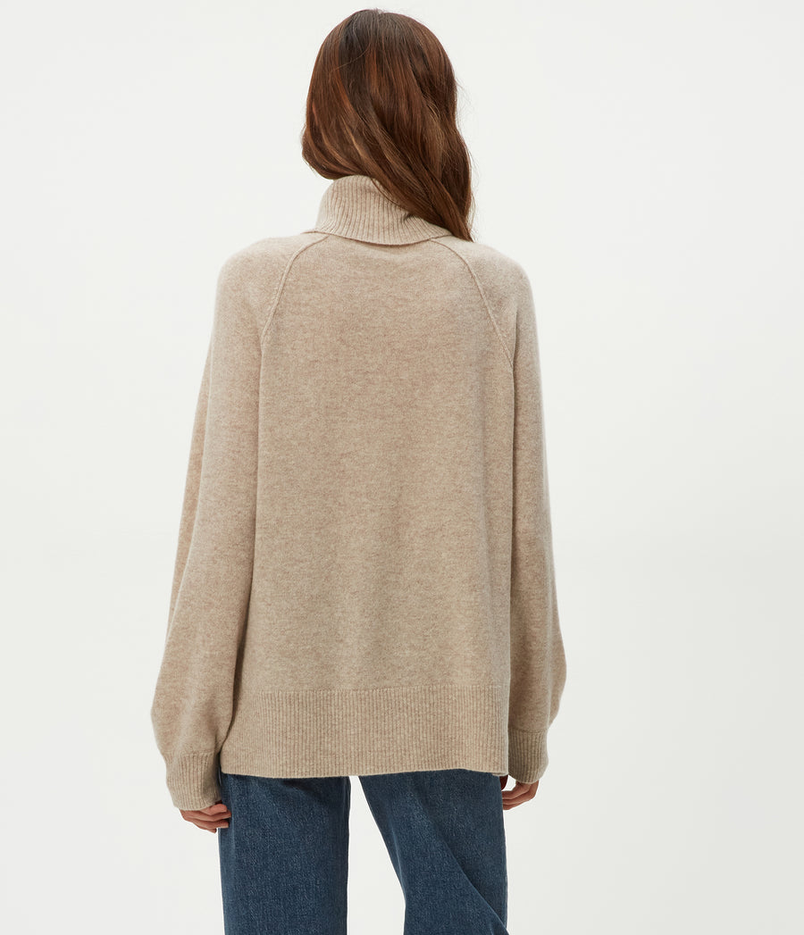 Tegan Cashmere Turtleneck in Heather Oatmeal Beige Back View #HEATHER OATMEAL