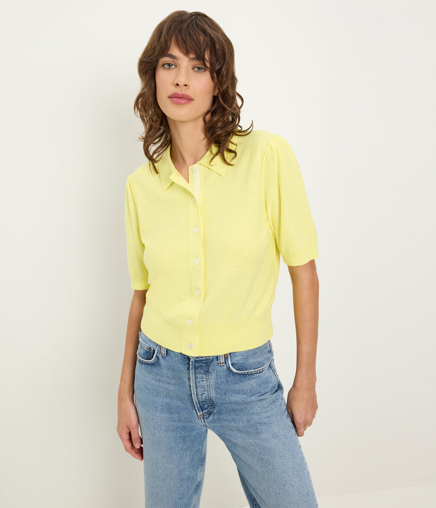 Sparrow Button Up Top in BUTTERCUP Yellow Full Body View #BUTTERCUP