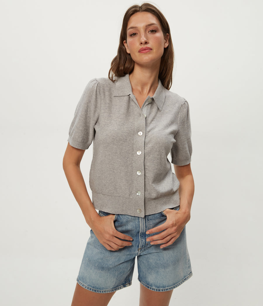 Sparrow Button Up Top in Heather Grey Grey Full Body View #HEATHER GREY