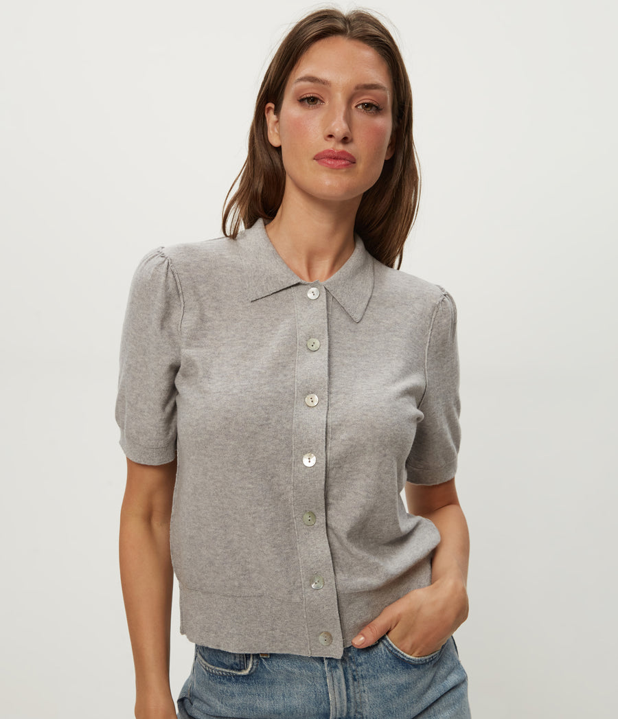 Sparrow Button Up Top in Heather Grey Grey Close Up View #HEATHER GREY
