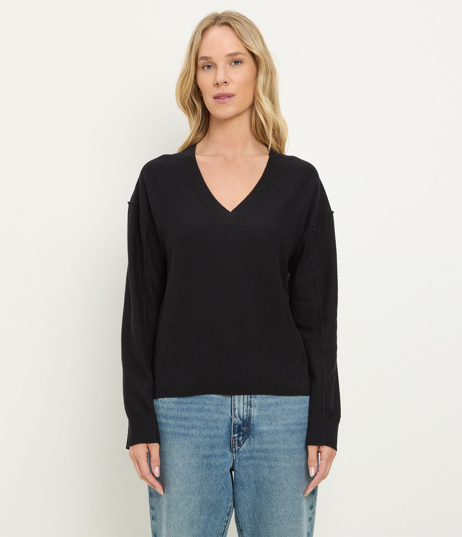 Halsey V-Neck Pullover in Black Full Body View #BLACK