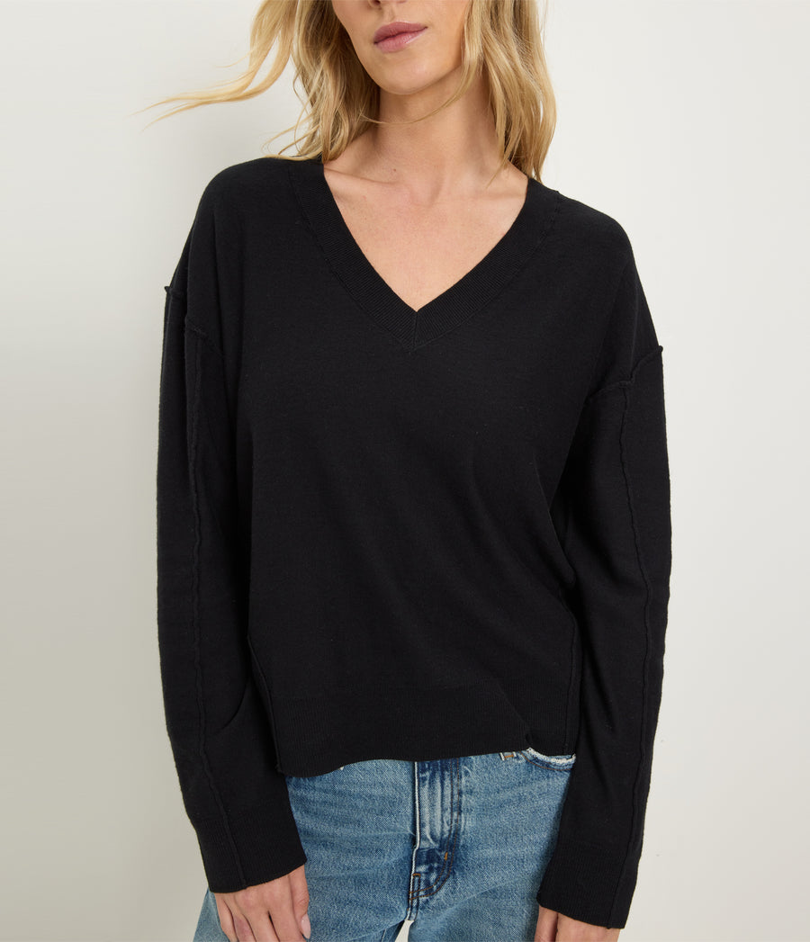 Halsey V-Neck Pullover in Black Close up View #BLACK