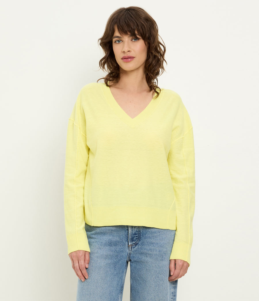Halsey V-Neck Pullover in BUTTERCUP Yellow Full Body View #BUTTERCUP