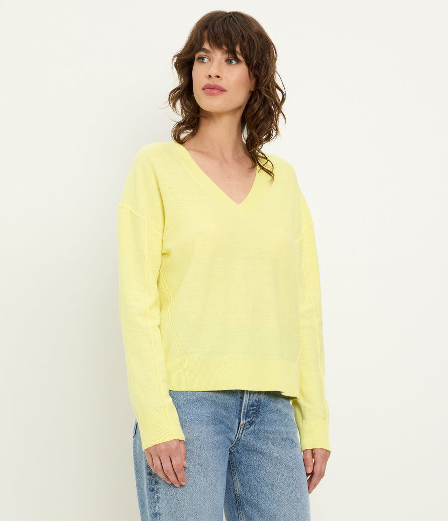 Halsey V-Neck Pullover in BUTTERCUP Yellow Full Body View #BUTTERCUP