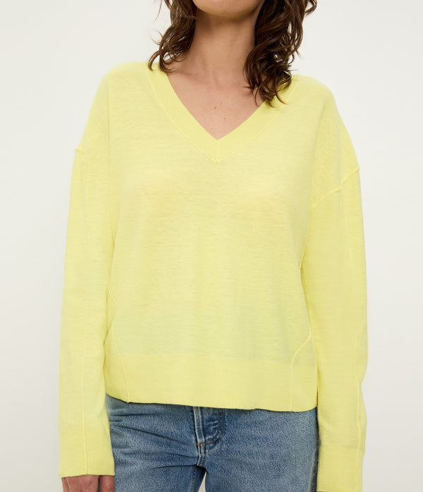 Halsey V-Neck Pullover in BUTTERCUP Yellow Close Up View #BUTTERCUP