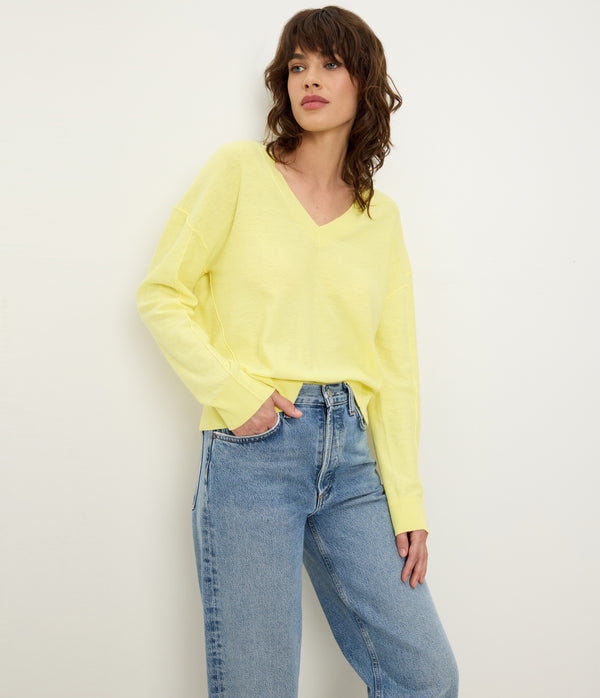 Halsey V-Neck Pullover in BUTTERCUP Yellow Full Body View #BUTTERCUP