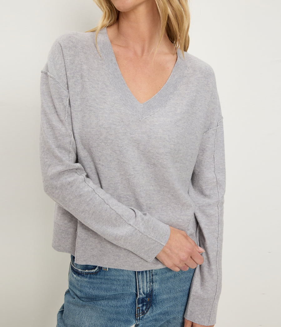 Halsey V-Neck Pullover in Heather Grey Grey Close Up View #HEATHER GREY