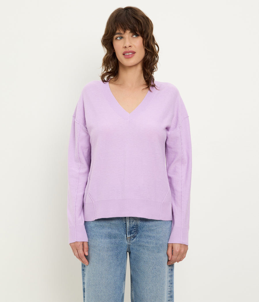 Halsey V-Neck Pullover in WHIMSY PURPLE Full Body View #WHIMSY
