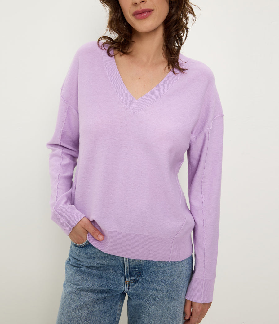 Halsey V-Neck Pullover in WHIMSY PURPLE Close up View #WHIMSY
