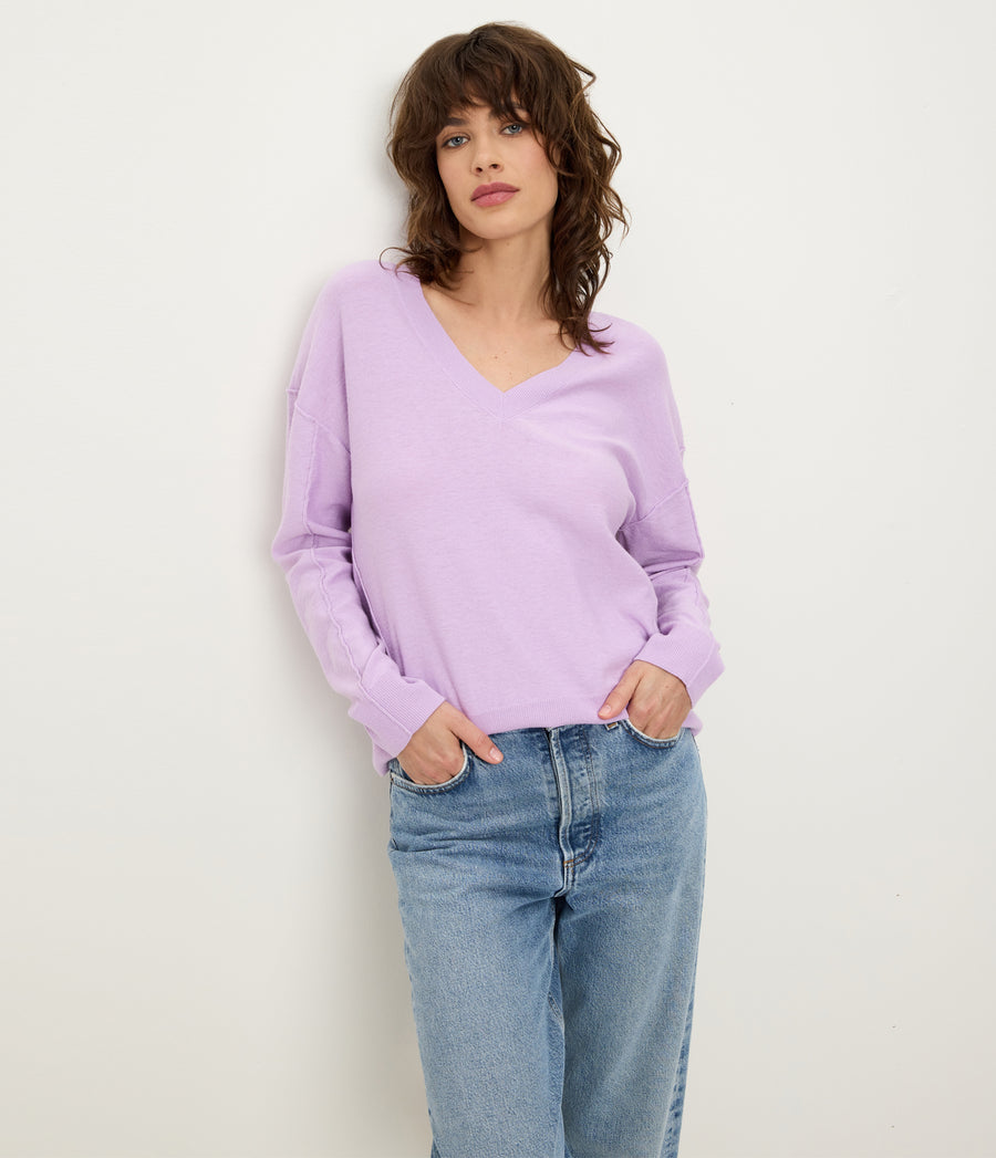 Halsey V-Neck Pullover in WHIMSY PURPLE Full Body View #WHIMSY
