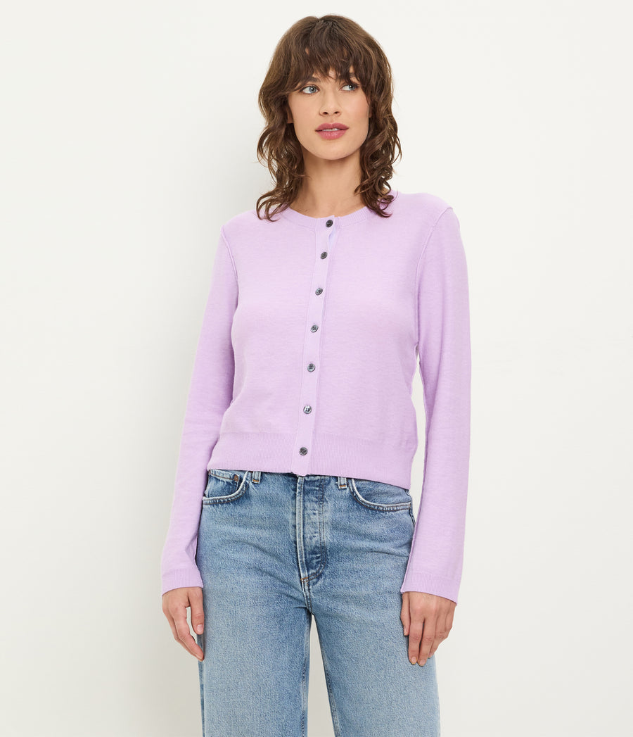 Flynn Cardigan in WHIMSY PURPLE Full Body View #WHIMSY