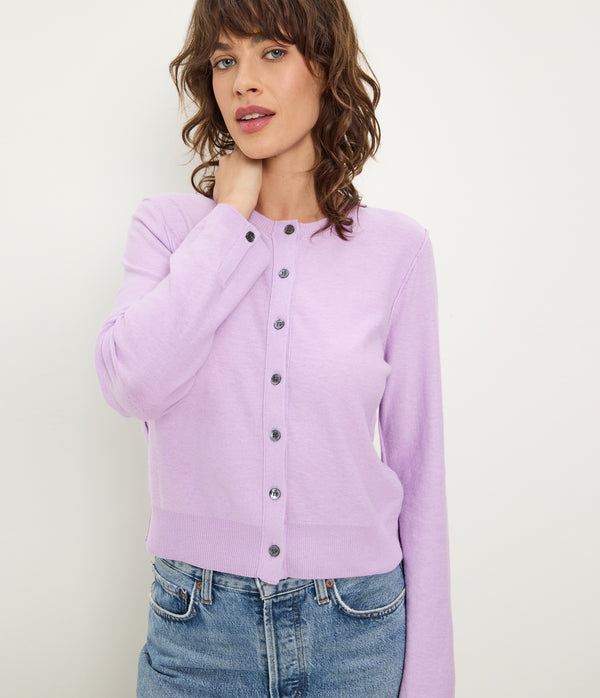 Flynn Cardigan in WHIMSY PURPLE Close up View #WHIMSY