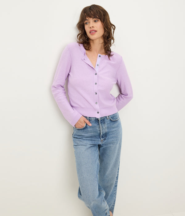Flynn Cardigan in WHIMSY PURPLE Full Body View #WHIMSY