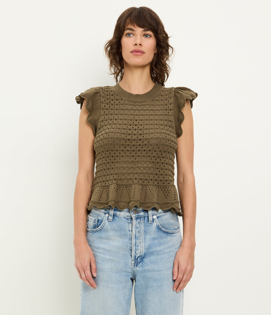 Stelle Flutter Sleeve Pullover in CAPER Green Full Body View #CAPER