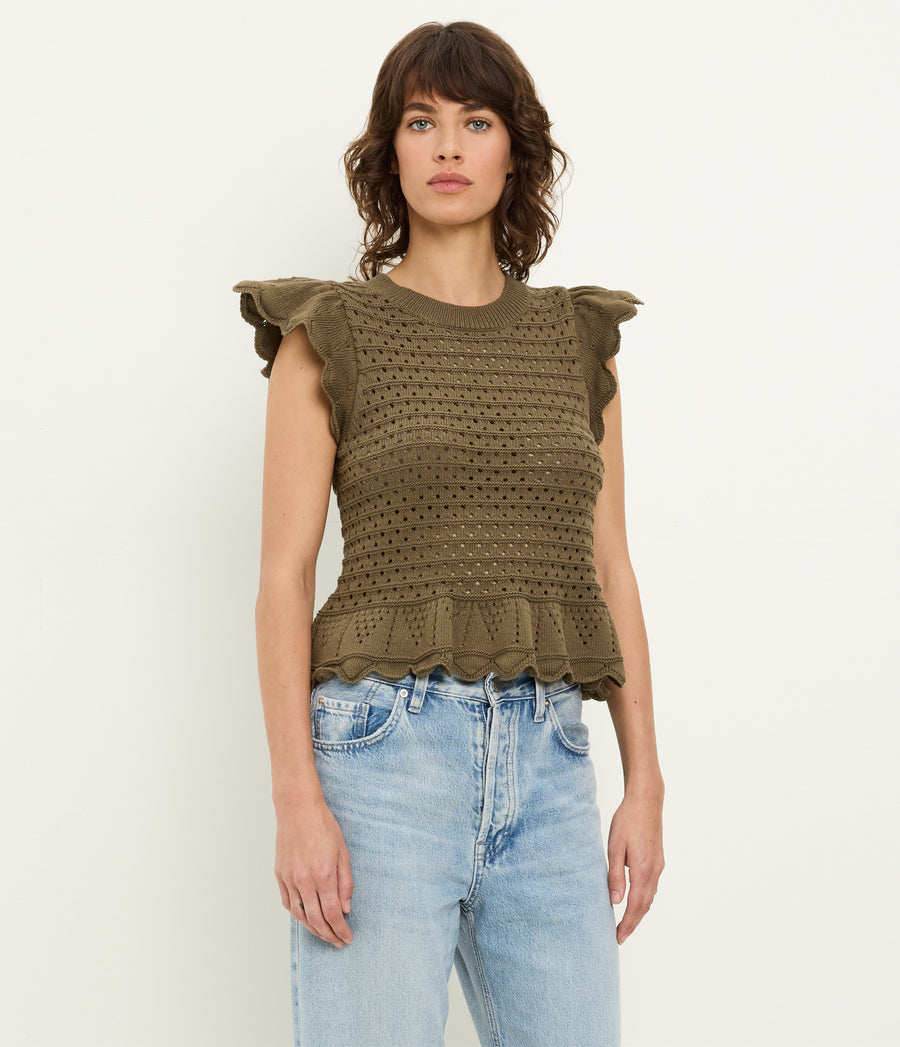 Stelle Flutter Sleeve Pullover in CAPER  Green Side View #CAPER