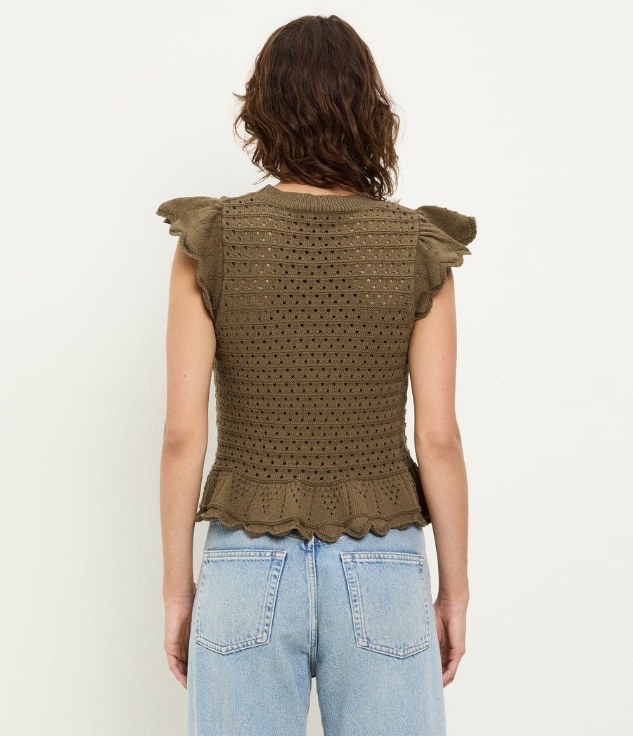 Stelle Flutter Sleeve Pullover in CAPER Green Back View #CAPER