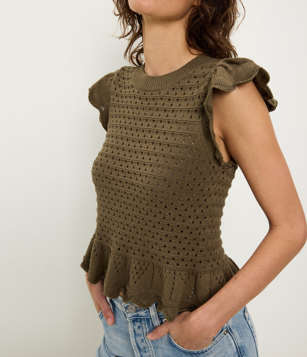 Stelle Flutter Sleeve Pullover in CAPER Green Close up View #CAPER