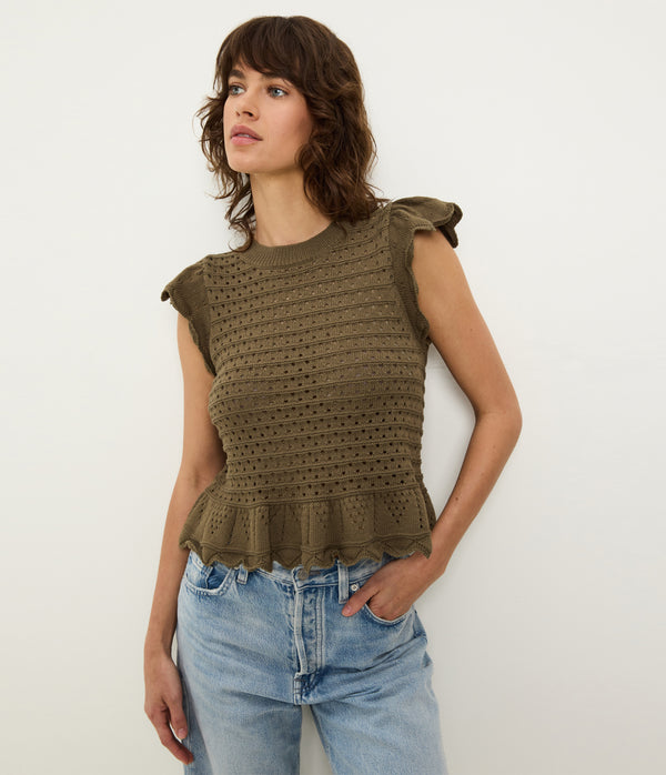 Stelle Flutter Sleeve Pullover in CAPER Green Close up View #CAPER