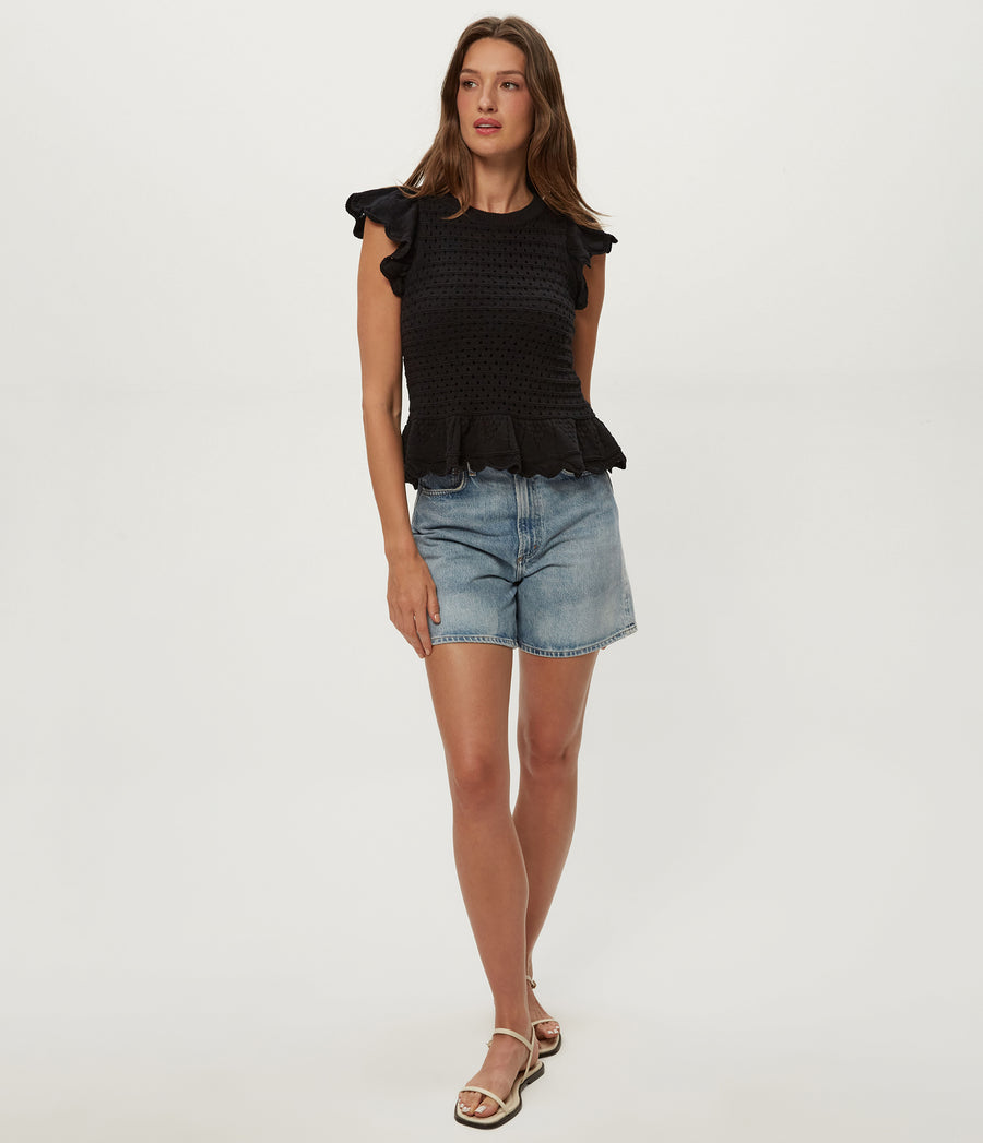 Stelle Flutter Sleeve Pullover in Black Full Body View #BLACK