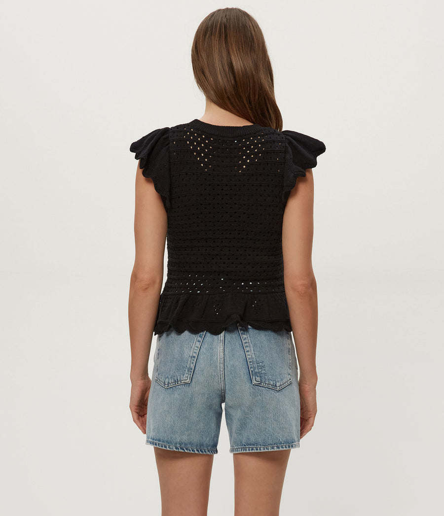 Stelle Flutter Sleeve Pullover in Black Back View  #BLACK
