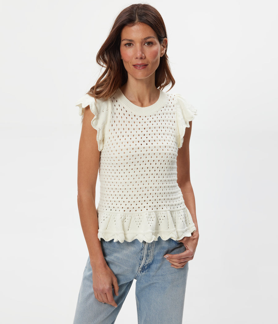 Stelle Flutter Sleeve Pullover in Ivory White Close up View #IVORY