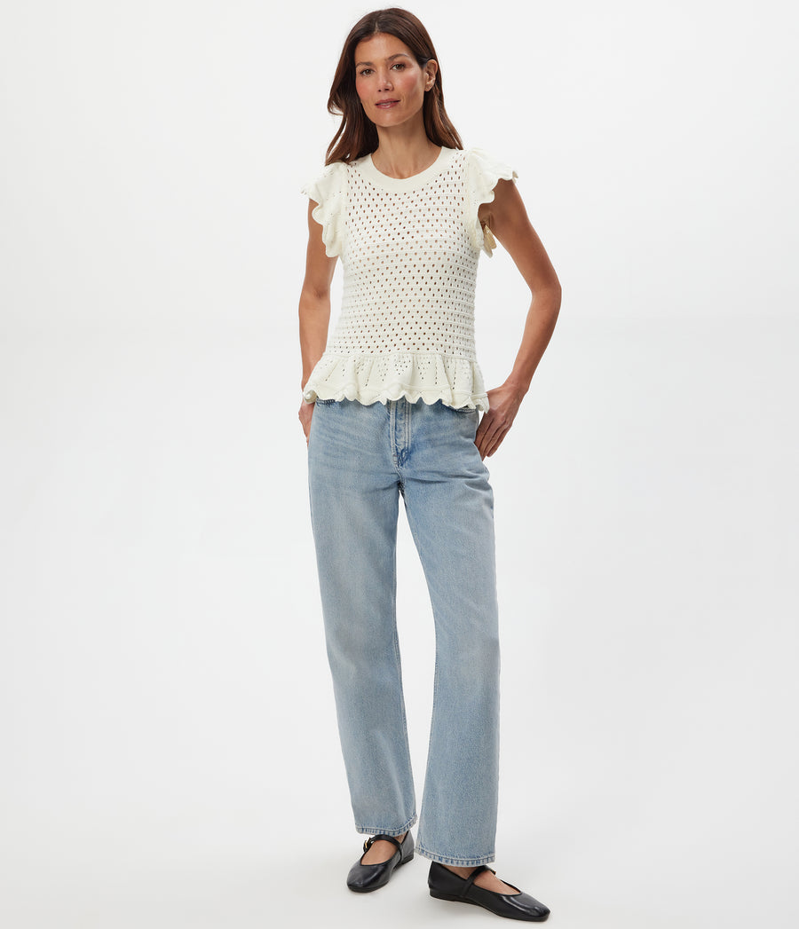Stelle Flutter Sleeve Pullover in Ivory White Full Body View #IVORY
