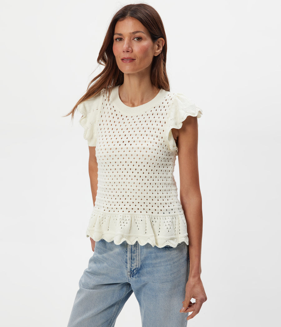 Stelle Flutter Sleeve Pullover in Ivory White Close up View #IVORY