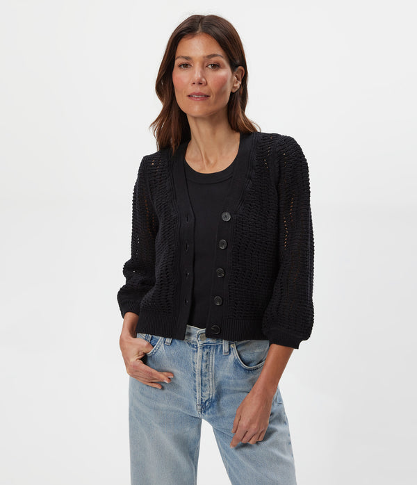 Giada Crochet Cardigan in Black Close up View #BLACK