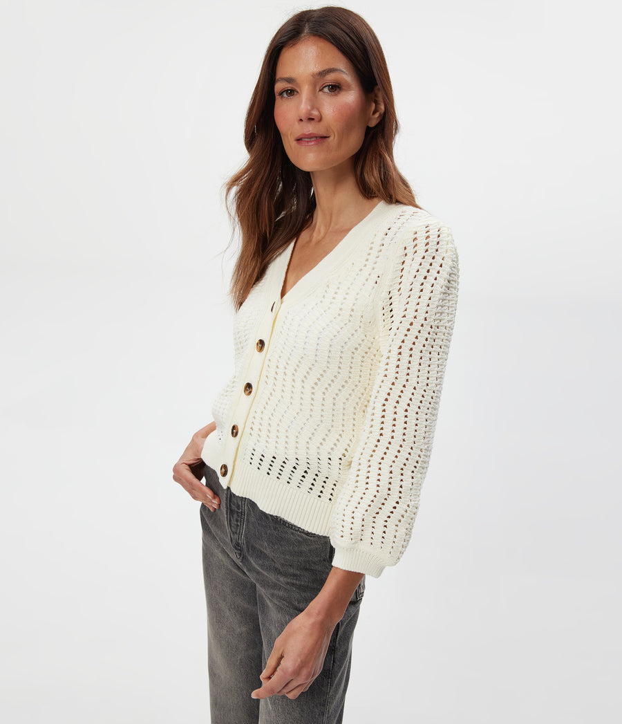 Giada Crochet Cardigan in Ivory White Close up View #IVORY