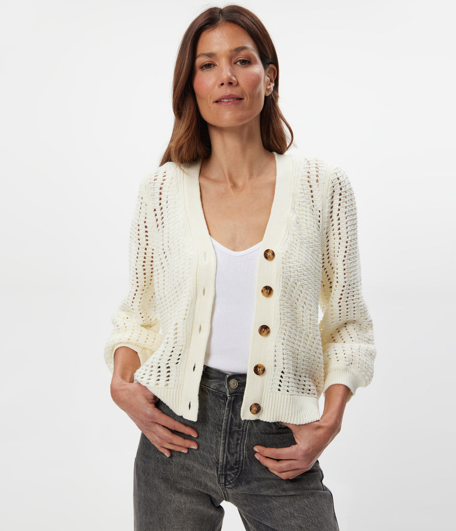 Giada Crochet Cardigan in Ivory White Close up View #IVORY