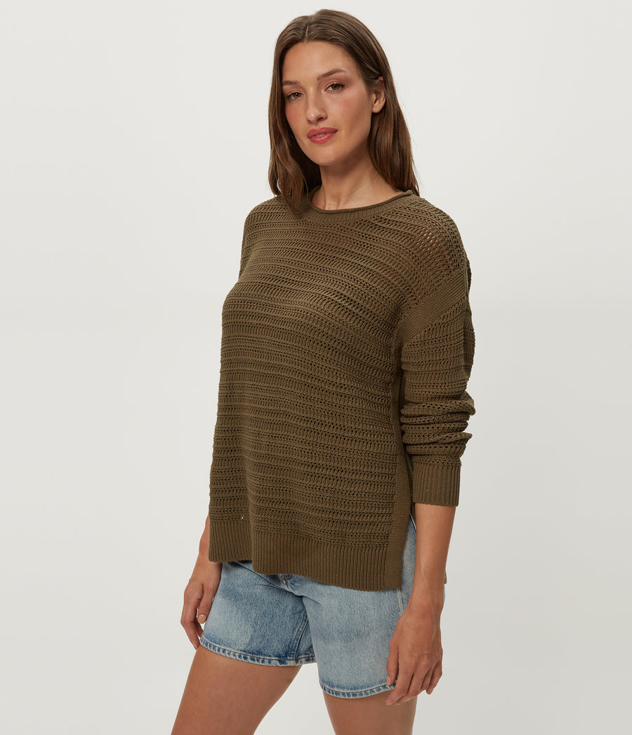 Kaylin Relaxed Pullover in CAPER  Green Side View #CAPER