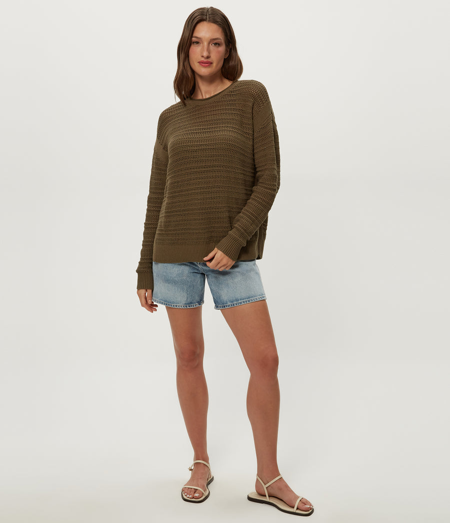Kaylin Relaxed Pullover in CAPER Green Full Body View #CAPER
