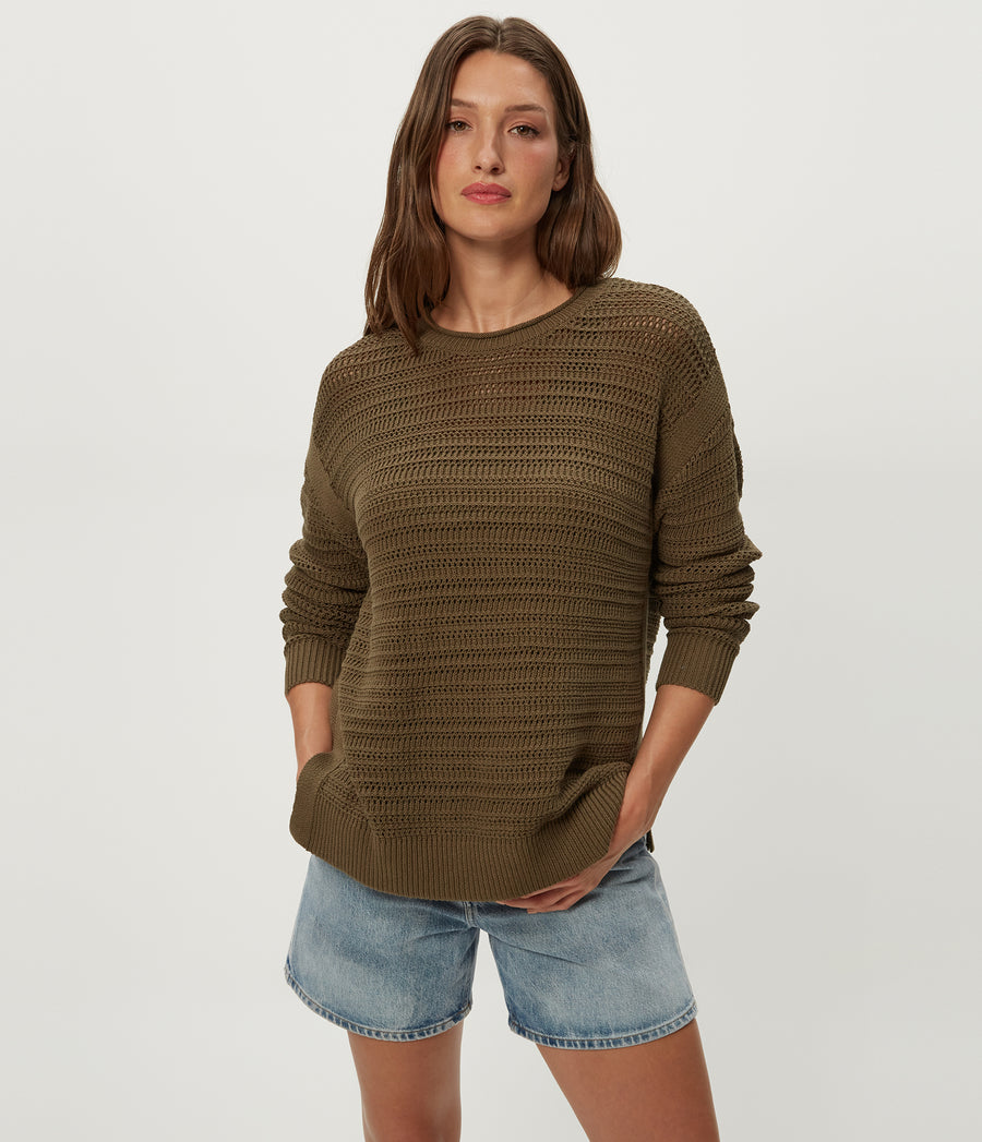Kaylin Relaxed Pullover in CAPER Green Close up View #CAPER
