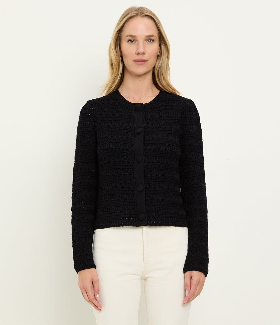 Winona Crewneck Cardigan in Black Close up View #BLACK