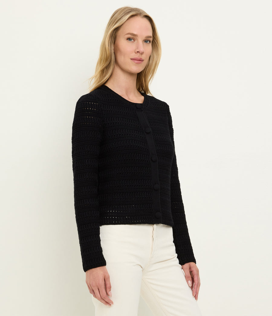 Winona Crewneck Cardigan in Black Side View #BLACK