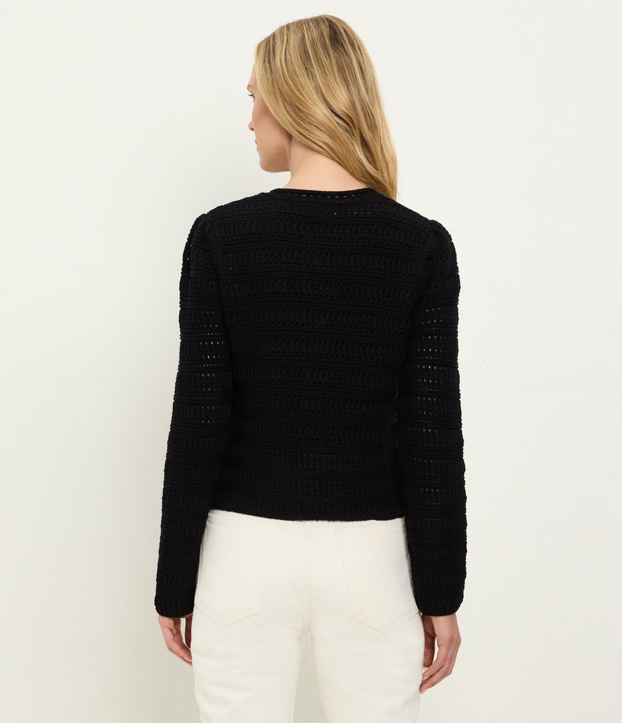 Winona Crewneck Cardigan in Black Back View  #BLACK