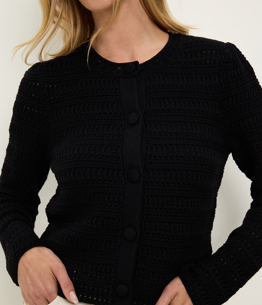 Winona Crewneck Cardigan in Black Close up View #BLACK